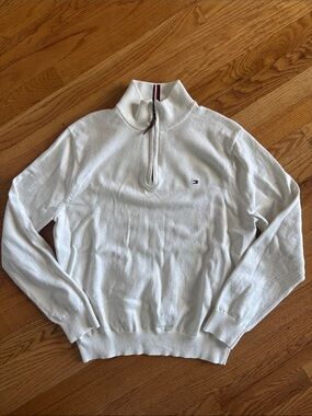 100% cotton Tommy Hilfiger off White quarter‑Zip Knit Sweater Signature Logo